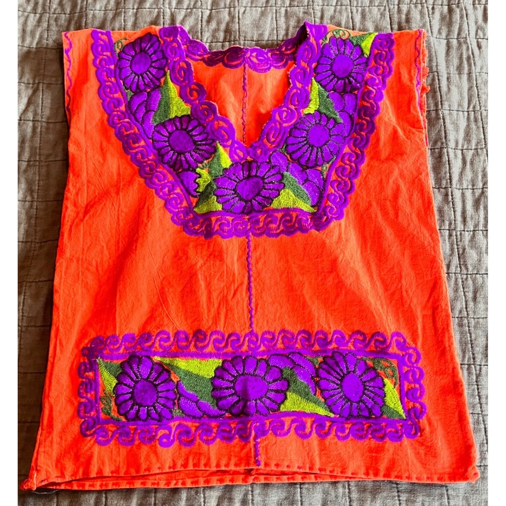 Embroidered V-Neck Mexican Blouse in Bright Orange with Purple Floral Trim